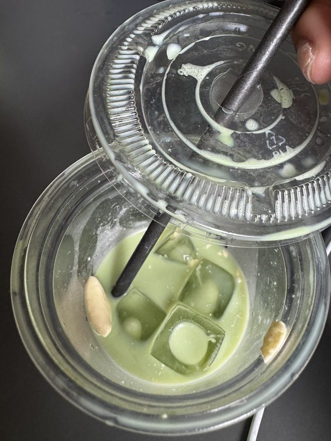 An iced matcha latte photographed from overhead